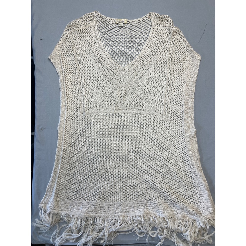 One World Womens Cream Crochet Knit Fringe Poncho Top V-Neck Boho Large